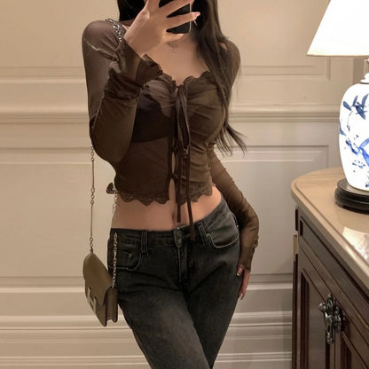 Sexy Tops Blouses for Women V-neck Long Sleeve Tunic Shirts Guaze See Throught Lace Bandage Summer Blouse 2025 Blusas De Mujer