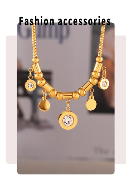 Necklace for Women Round Zircon Roman Pendant Tassel Charm Luxury Gold Plated Stainless Steel Jewelry Wholesale