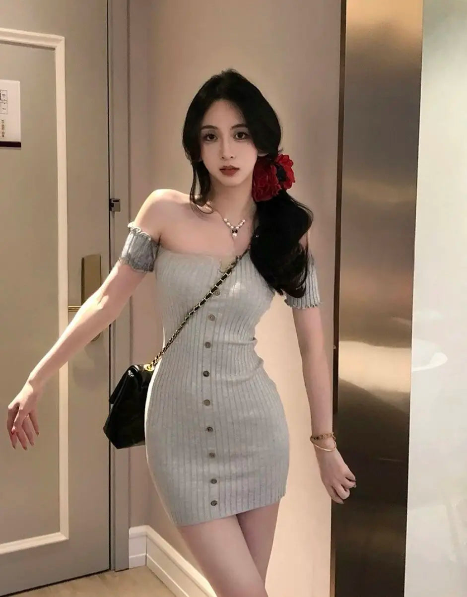 Woman Dress for Women 2025 Vestidos De Mujer Fashion Slash Neck Tunic Robe Femme Ruffles Bodycon Knitted Button Summer Dresses