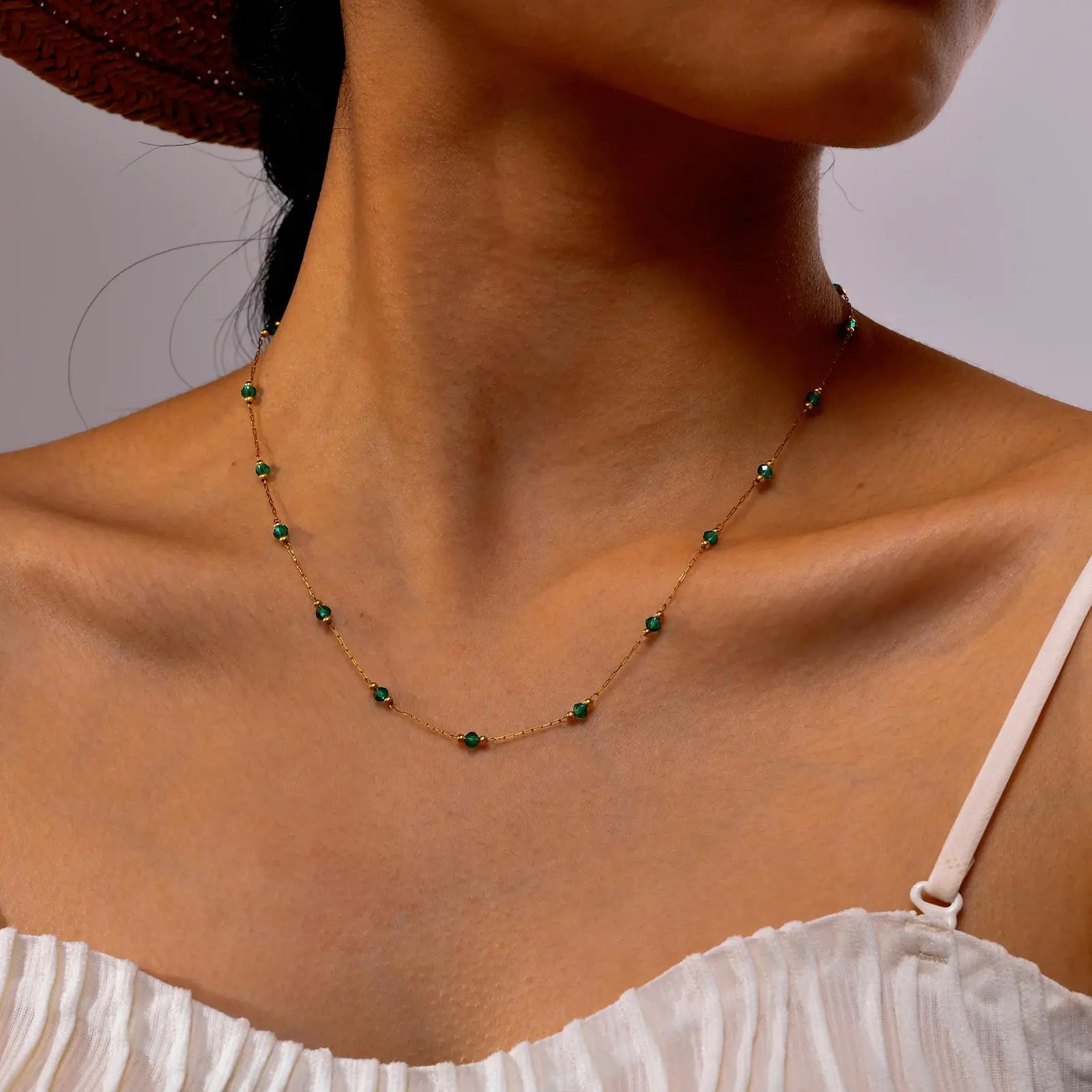 Bohemian Necklace Beaded Strap Chain Women Fashion Lanyard Neck Chain Jewelry Stainless Steel Green/Black Faceted Beads Necklace