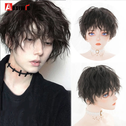 AOSIWIG  Short Curly Cosplay Men Boy Party Light Yellow Synthetic Heat Resistant Hair Wigs Men's Breathable Wig