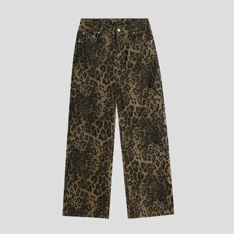 Women's leopard print jeans autumn and winter fashionable versatile loose retro casual pants straight leg wide leg pants