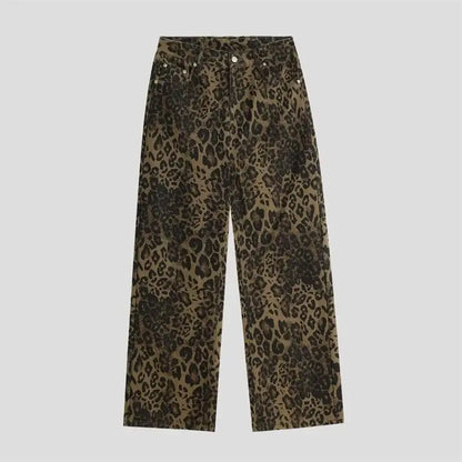 Women's leopard print jeans autumn and winter fashionable versatile loose retro casual pants straight leg wide leg pants