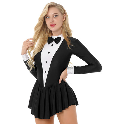 Women Waitress Cosplay Costume Dancewear Long Sleeve Ballroom Latin Dance Dress Bowknot Ruffle Tuxedo Leotard Dresses Clubwear