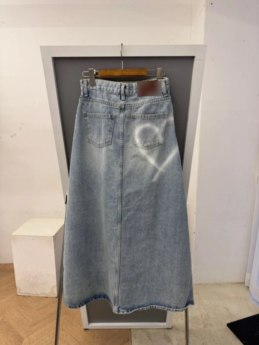 Long Denim Skirt Women 2024 Summer New Arrivals Heart Pattern High Waist A Line Jean Skirt For Women Streetwear Maxi Skirts