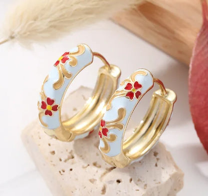 New Fashionable Colorful Round Earrings Retro Metal Enamel Floral Ear Accessories Unique Party Jewelry Gift for Women