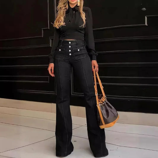 Women Fashion Vintage  Washing Denim Long Pant Wide Leg High Waist Jeans 2025 New Lady Summer Commuter Y2k  Denim Trousers