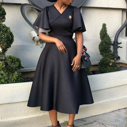 Dress Women Sexy Dresses White Round Neck Flare Sleeve Party Sheath Pleated High Waist Work Elegant Bodycon Mid Length Vestidos