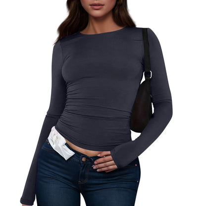 Women's Fashion Solid Colour Round Neck Long Sleeve T-Shirt Top Tops for Women Womens Tops and Blouses Trendy Womens Summer Tops