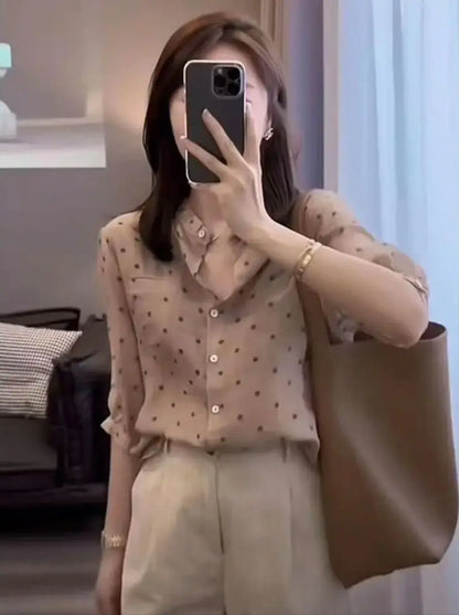 Elegant Summer Tops for Office Wear with Collar and Polka Dot Blouse for Women