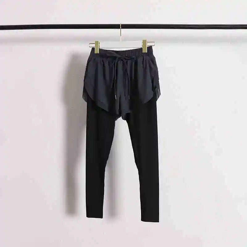 Stretch Autumn Sports Pants Women Two Pieces Fitness Yoga Pants and Shorts With Inner Phone Pocket 2 in 1 Yoga Pants