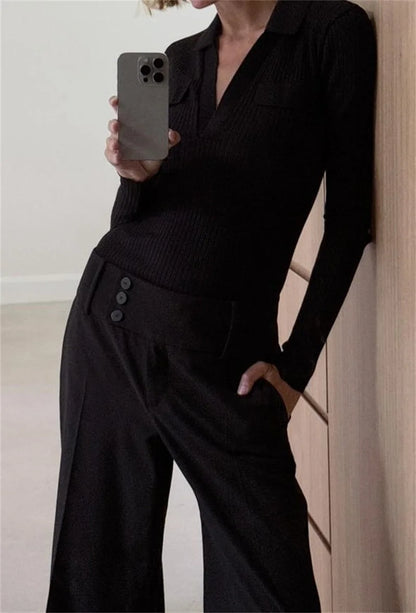 Women's Tops New Fall 2025 Solid Color Long Sleeve Lapel Slim Knit Top Sexy V-Neck Design Casual Fashion Personality Versatile