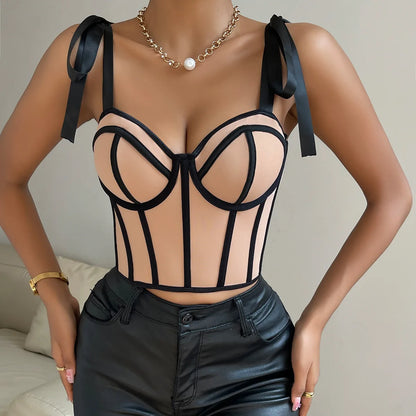 Woman Clothing Top Women T-shirt Tank Top Female Clothes Tops Tanks Camis Crop Top Y2K Sexy Ribbon Tie-Up Fishbone Camisole