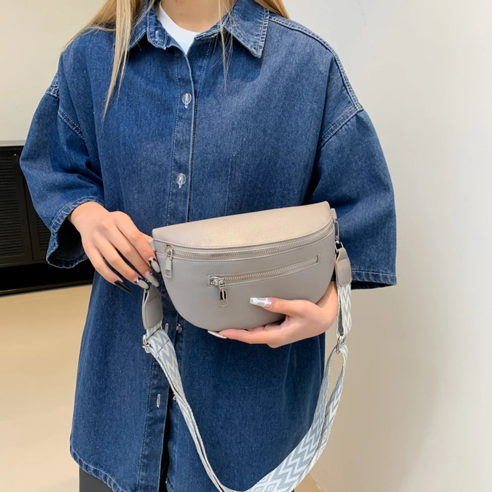 Women's Waist Bag Multi-pocket Street Fanny Pack PU Leather Chest Bag Fashion Wide Strap Crossbody Bag Retro Solid Shoulder Bags
