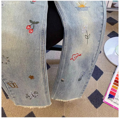 Vintage Embroidered Jeans Trousers For Women Summer 2025 New Korean Fashion High Waist Straight Retro Casual Denim Pants