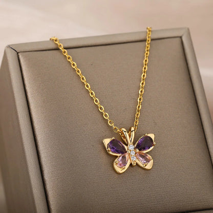 Cute Butterfly Necklace For Women Stainless Steel Crystal Purple Zircon Aesthetic Necklaces Charms Collar Choker Party Jewelry