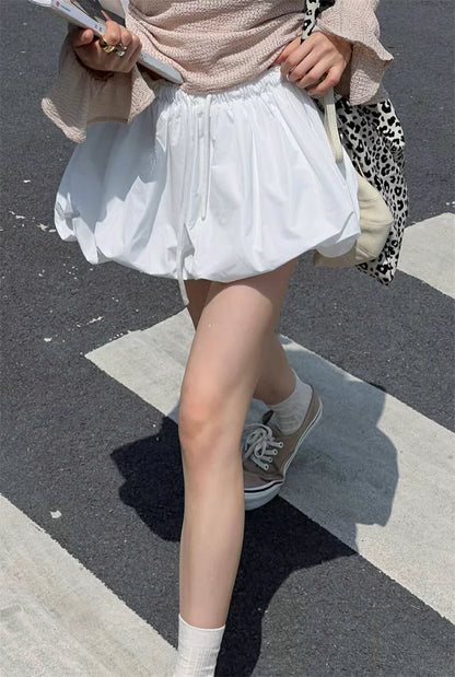 Ropa Skirts for Women 2025 Mini Black White Korean Style Jupe Faldas Mujer Elastic Waist Retro Khaki Drawstring Flower Bud Skirt