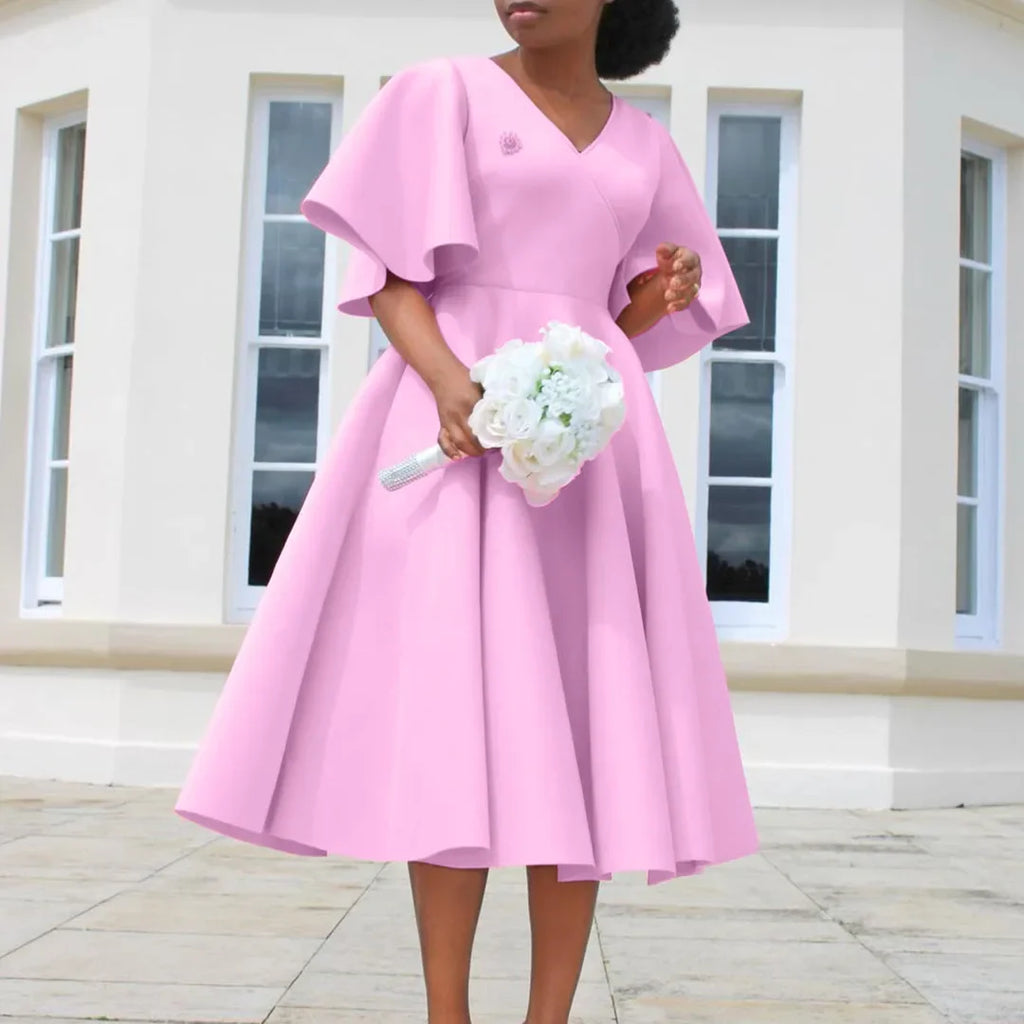 Dress Women Sexy Dresses White Round Neck Flare Sleeve Party Sheath Pleated High Waist Work Elegant Bodycon Mid Length Vestidos