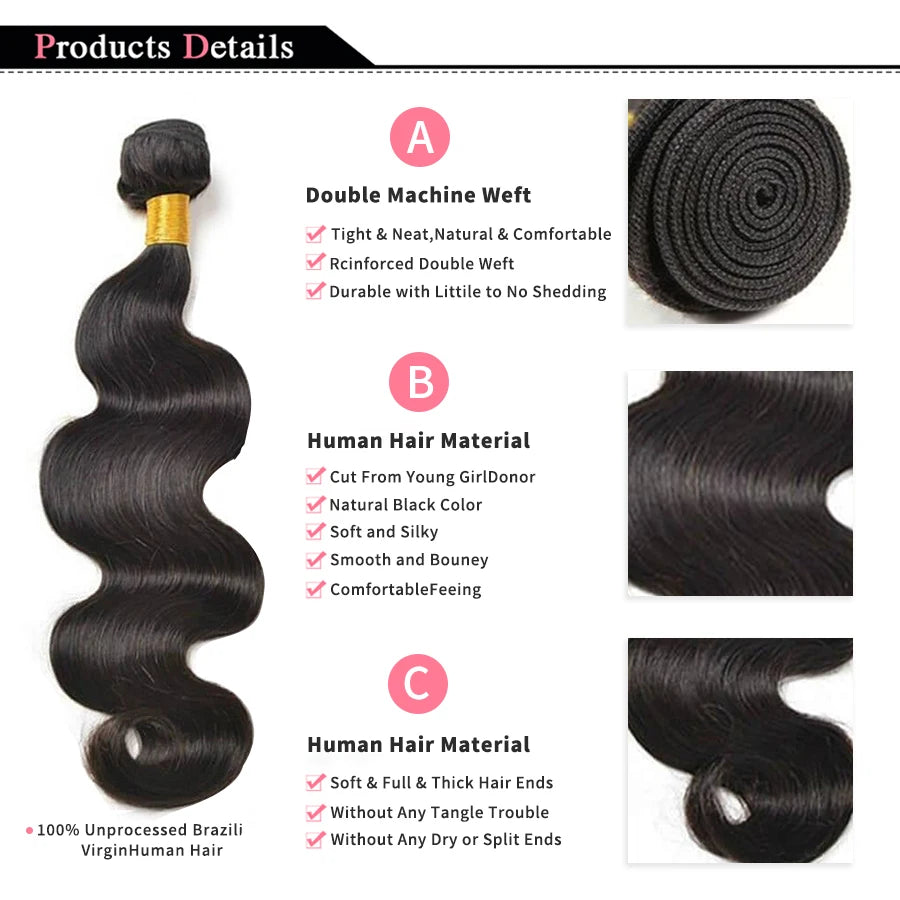 Body Wave Bundles Human Hair Brazilian Hair Weave Bundles 100% Natural Black Human Hair Extensions 1 3 4 PCS Bundles