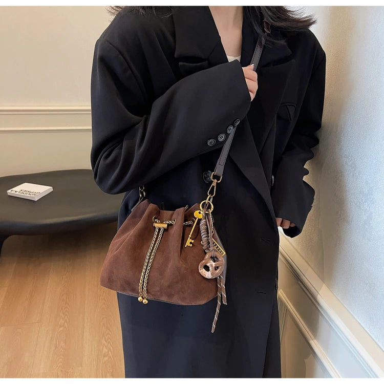 Women Vintage One Shoulder Bag Frosted Solid Drawstring Soft All-Match Bucket Bags High-Grade Versatile Commute Crossbody Packs