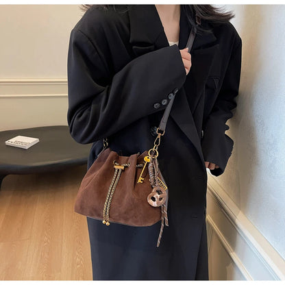 Women Vintage One Shoulder Bag Frosted Solid Drawstring Soft All-Match Bucket Bags High-Grade Versatile Commute Crossbody Packs