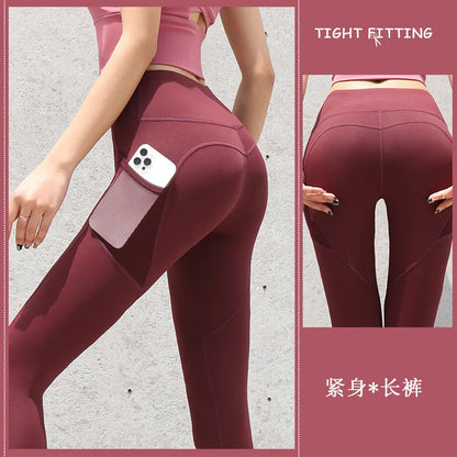 New High Waist Women's Leggings Stretch Yoga Pants Tights With Pockets Push Up Fitness Running Sportswear Solid Color Pants