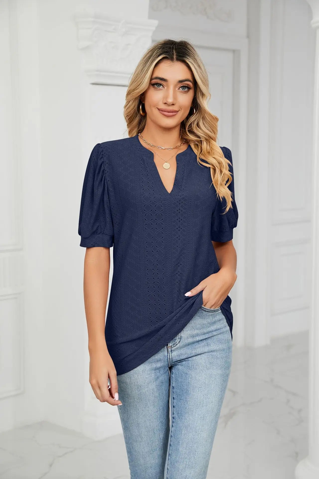 Womens Tops V Neck Ruffle Sleeve Blouses Short Sleeve Casual Tops T-Shirts for Women Autumn Winter