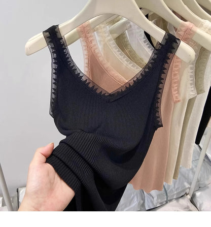 Women Summer Fashion Thin Knitted Undershirt Sleeveless Corset Top Half High Neck Comfortable Breathable Lace Tank Top 2025
