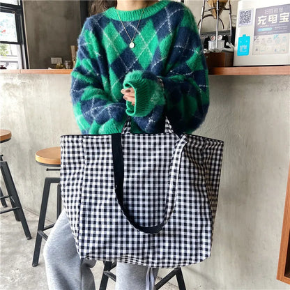 Women Canvas Shoulder Bags Plaid Double-side Large Capacity Handbags Female Shopping Portable Lazy All-match Foldable Tote Bag