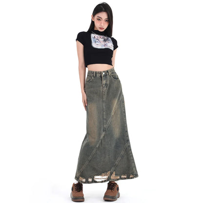 Women Denim Skirt Y2k Emo 2000s Clothes Long Skirt Harajuku Korean 90s Fashion Vintage Gradient A-line Jean Skirt Grunge Clothes