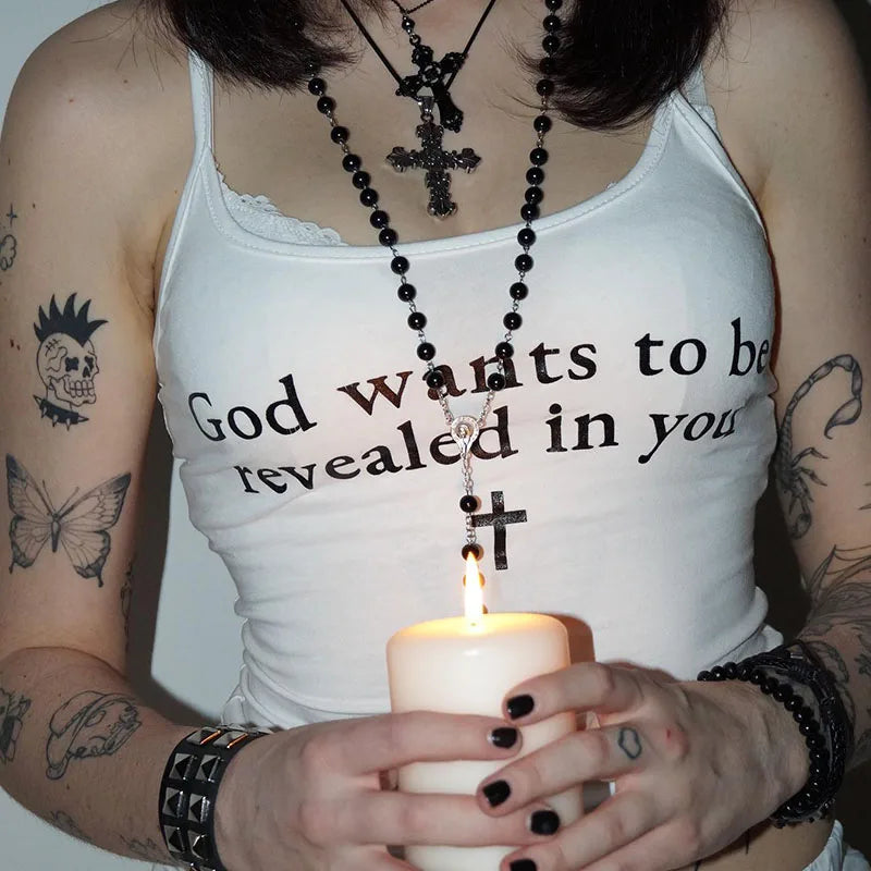 Women's Aesthetic Sexy Leeveless Tank Tops Vintage Letter Print Grunge Streetwear Crop Tops Y2k Clothes Gothic Girls Corset 2023