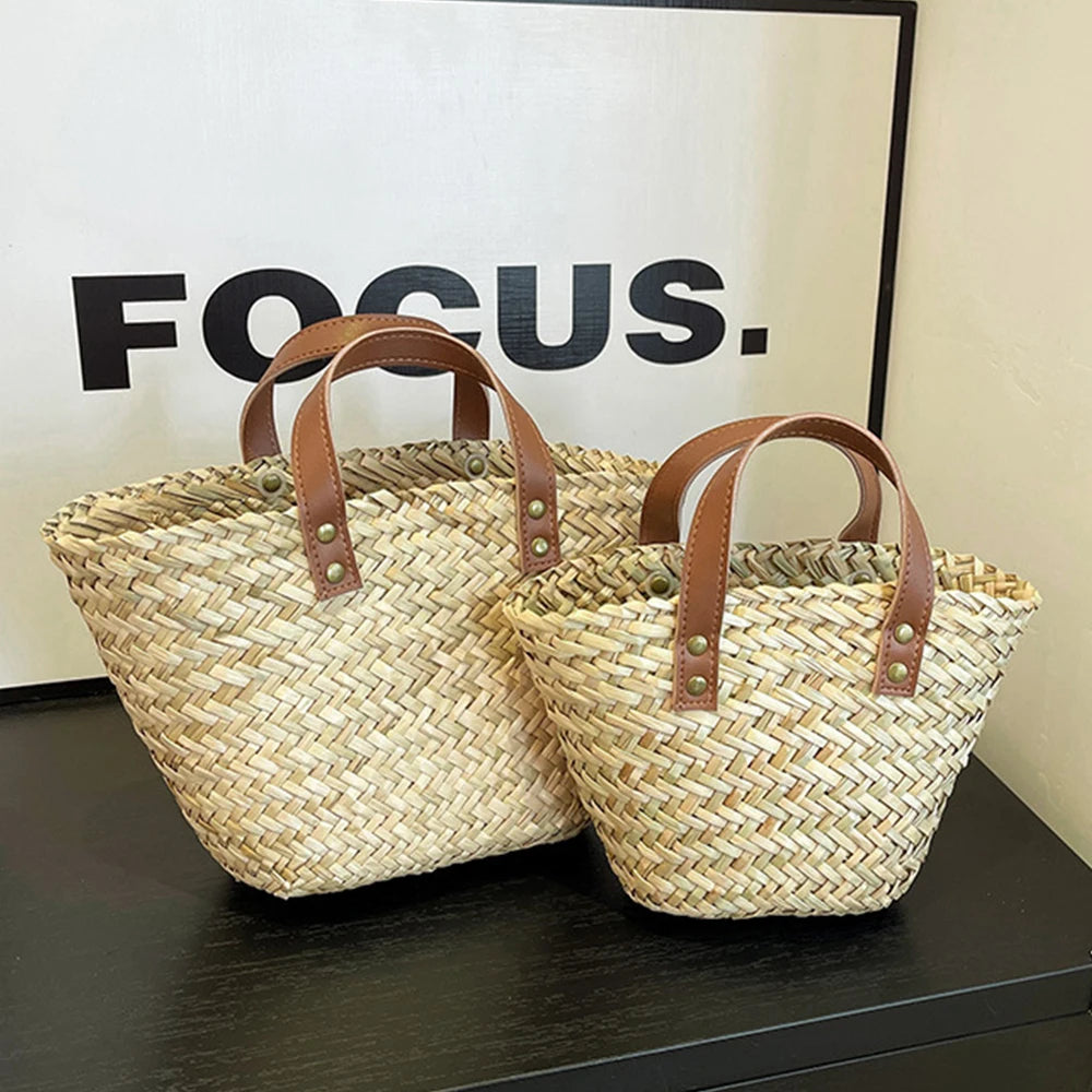 Wicker Woven Basket Bags for Women Handbag Summer Straw Rattan Bag Vacation Travel Beach Bag Handmade Bucket Bags Shopper Tote