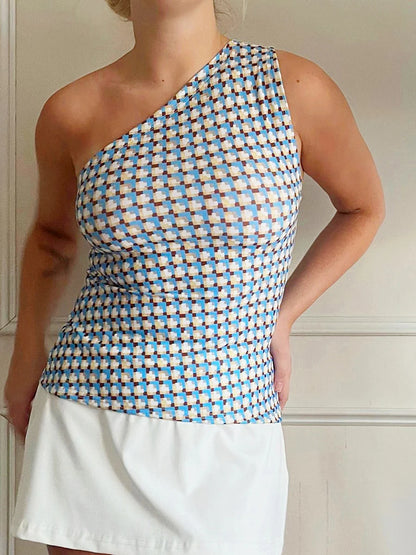 Women's Fashion One Shoulder Tops Slim Flower Print Slash Neck Backless Sleeveless Crop Shirt for Summer