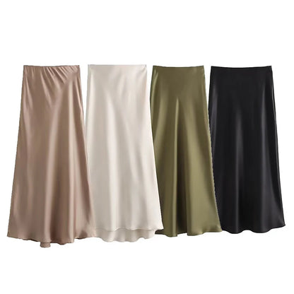 TRAF Women's Skirt Summer Elegant Satin Skirt Stylish Lady High Waist Skirts Cylinder Green Black Skirt Woman Office Street Wear