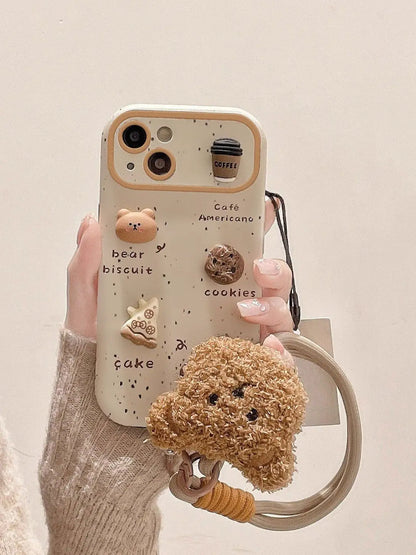 Cute Bear Coffee Phone Case, for IPhone 11 15 14 13 12 Pro Max 15Pro 14Pro Shockproof Silicone Cover ,with Lanyard Full Cases