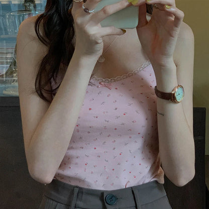 Women Tops Summer Girls Tops Short Slim Lace Sweet Print Crop Top Ladies Bottoming Cute Tops Top Mujer Top Femme