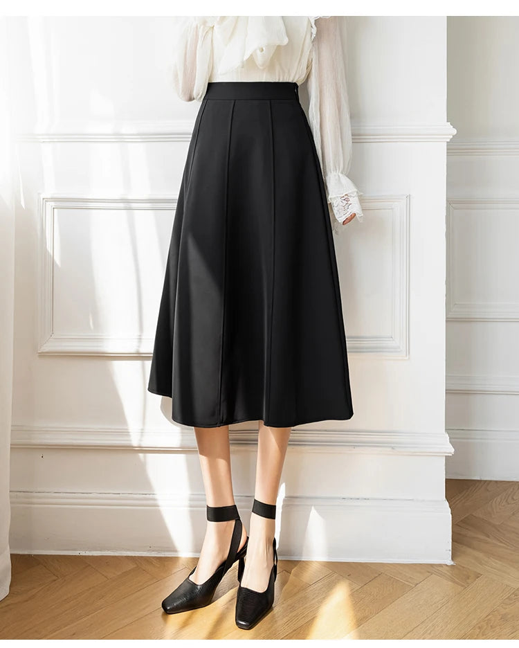 Women's Skirt 2025 Spring Women High Waist Solid Vintage Girl's Waist Down Skirt Knee-length A-line Fashion Thin Skirt for Women