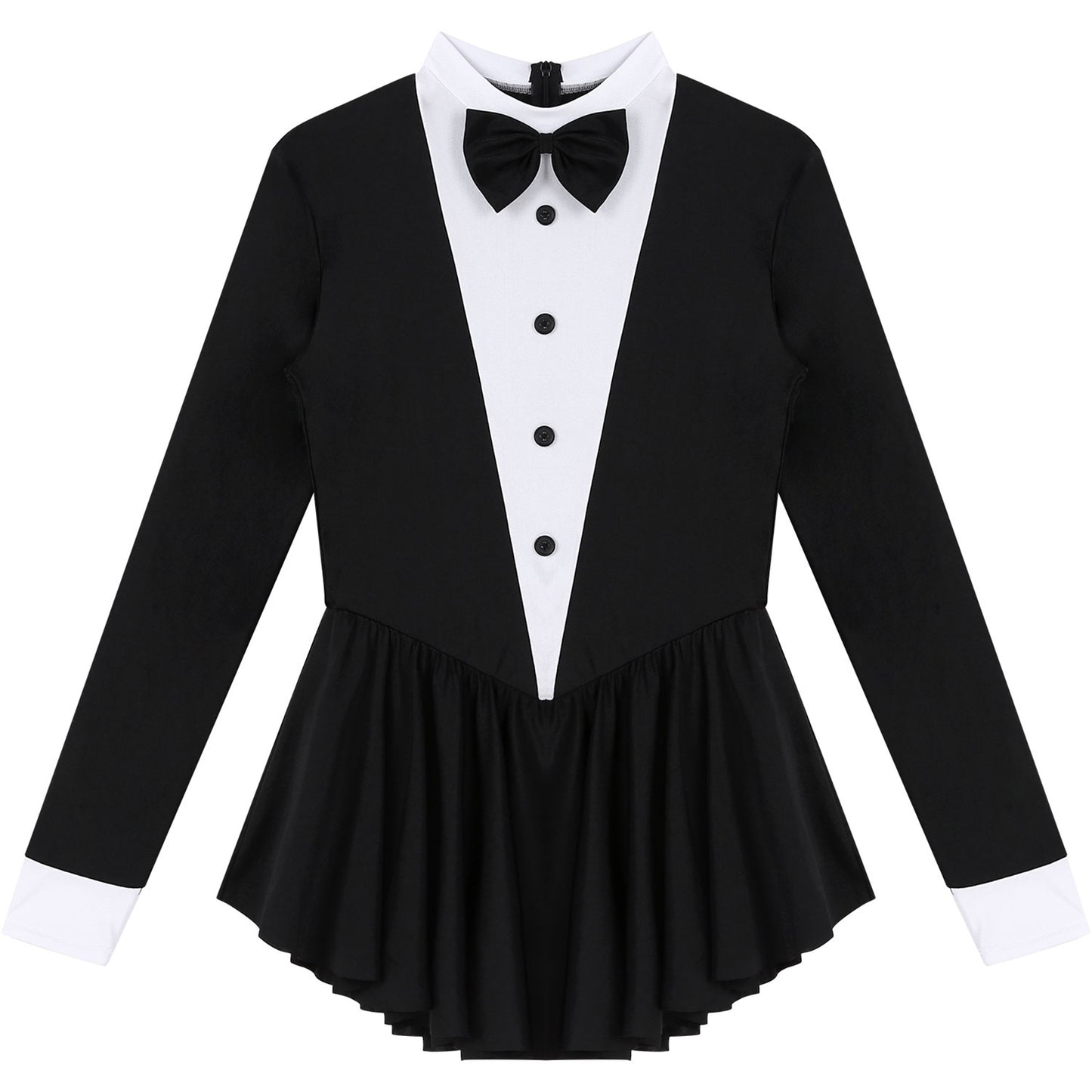 Women Waitress Cosplay Costume Dancewear Long Sleeve Ballroom Latin Dance Dress Bowknot Ruffle Tuxedo Leotard Dresses Clubwear