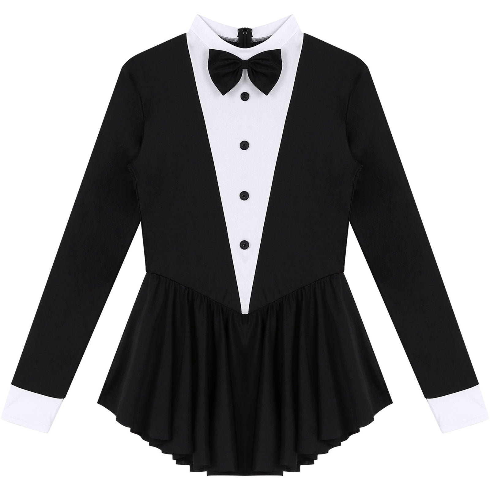 Women Waitress Cosplay Costume Dancewear Long Sleeve Ballroom Latin Dance Dress Bowknot Ruffle Tuxedo Leotard Dresses Clubwear