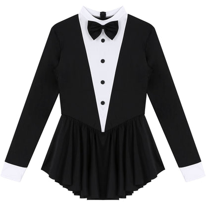 Women Waitress Cosplay Costume Dancewear Long Sleeve Ballroom Latin Dance Dress Bowknot Ruffle Tuxedo Leotard Dresses Clubwear