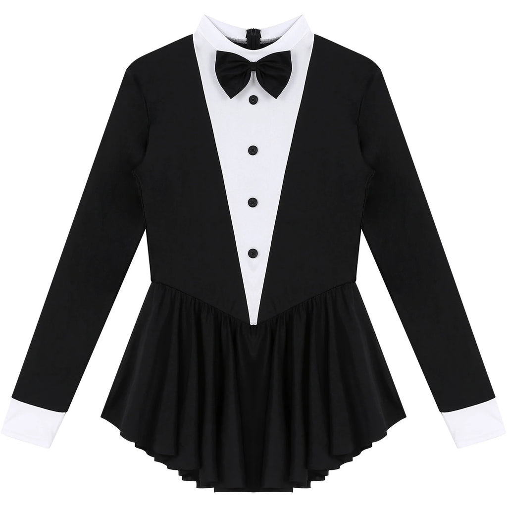 Women Waitress Cosplay Costume Dancewear Long Sleeve Ballroom Latin Dance Dress Bowknot Ruffle Tuxedo Leotard Dresses Clubwear