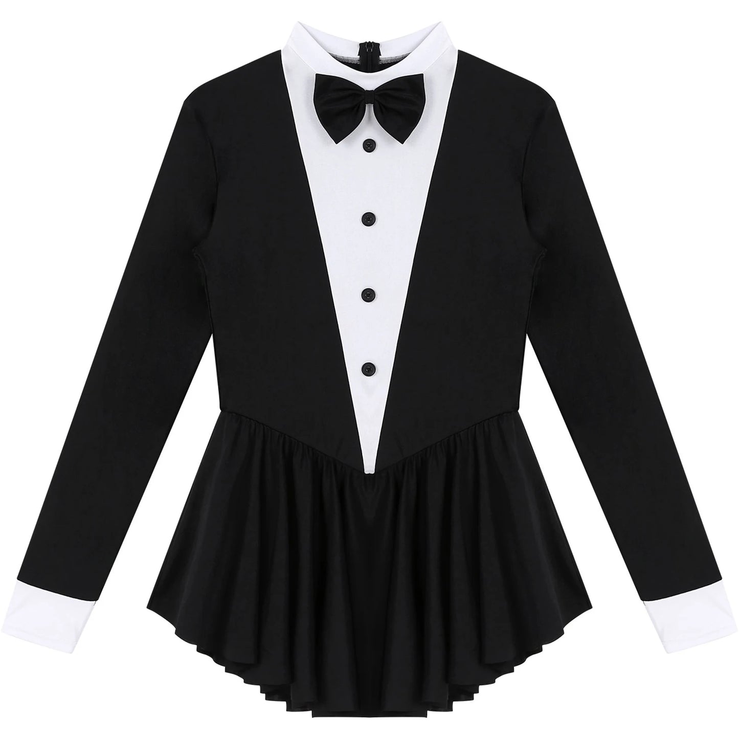 Women Waitress Cosplay Costume Dancewear Long Sleeve Ballroom Latin Dance Dress Bowknot Ruffle Tuxedo Leotard Dresses Clubwear