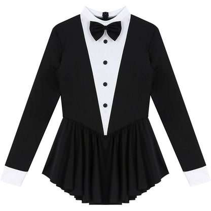 Women Waitress Cosplay Costume Dancewear Long Sleeve Ballroom Latin Dance Dress Bowknot Ruffle Tuxedo Leotard Dresses Clubwear