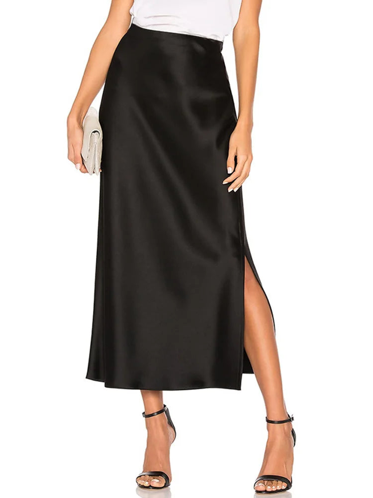Long Satin Skirts For Women Summer High Quality Skirt With Slit On The Side Silk Elegant Black Maxi Luxury Women's Skirts 2025