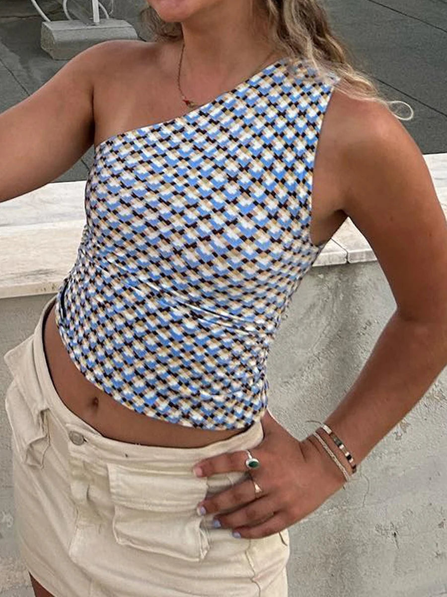 Women's Fashion One Shoulder Tops Slim Flower Print Slash Neck Backless Sleeveless Crop Shirt for Summer