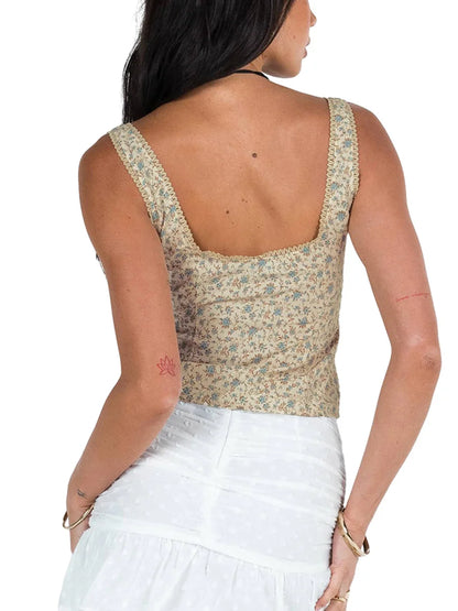 Women Tank Tops Fashion Floral Print Front Tie Up Vests Summer Slim Fit Sleeveless Cropped Top Y2K New Female Camis Streetwear