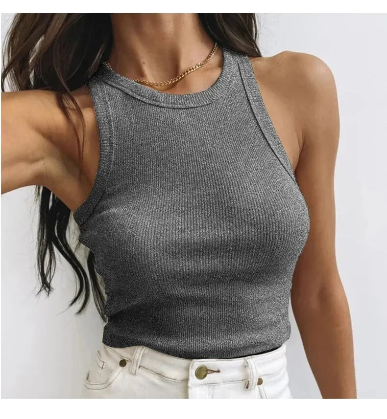 Women's Tank Top Crop Sexy Off Shoulder O Neck Solid Ribbed Knitted Casual Sport Vest Basic Elastic Camisole