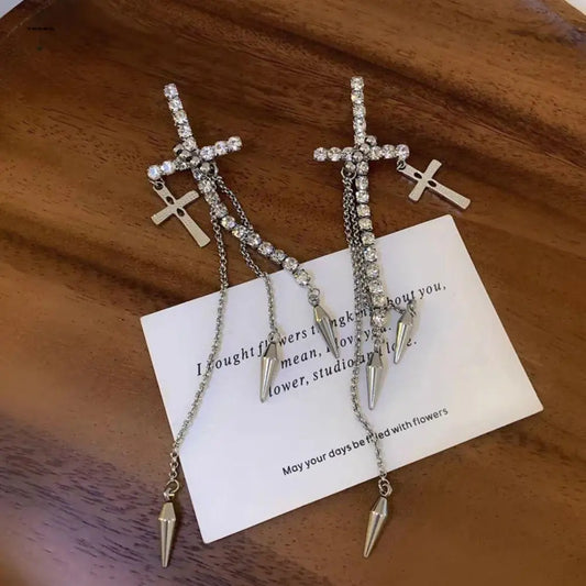Inlaid Rhinestones Cross Earrings Exquisite Fashion Long Tassels Dangle Earrings Exaggerate Temperament Ear Stud Girls