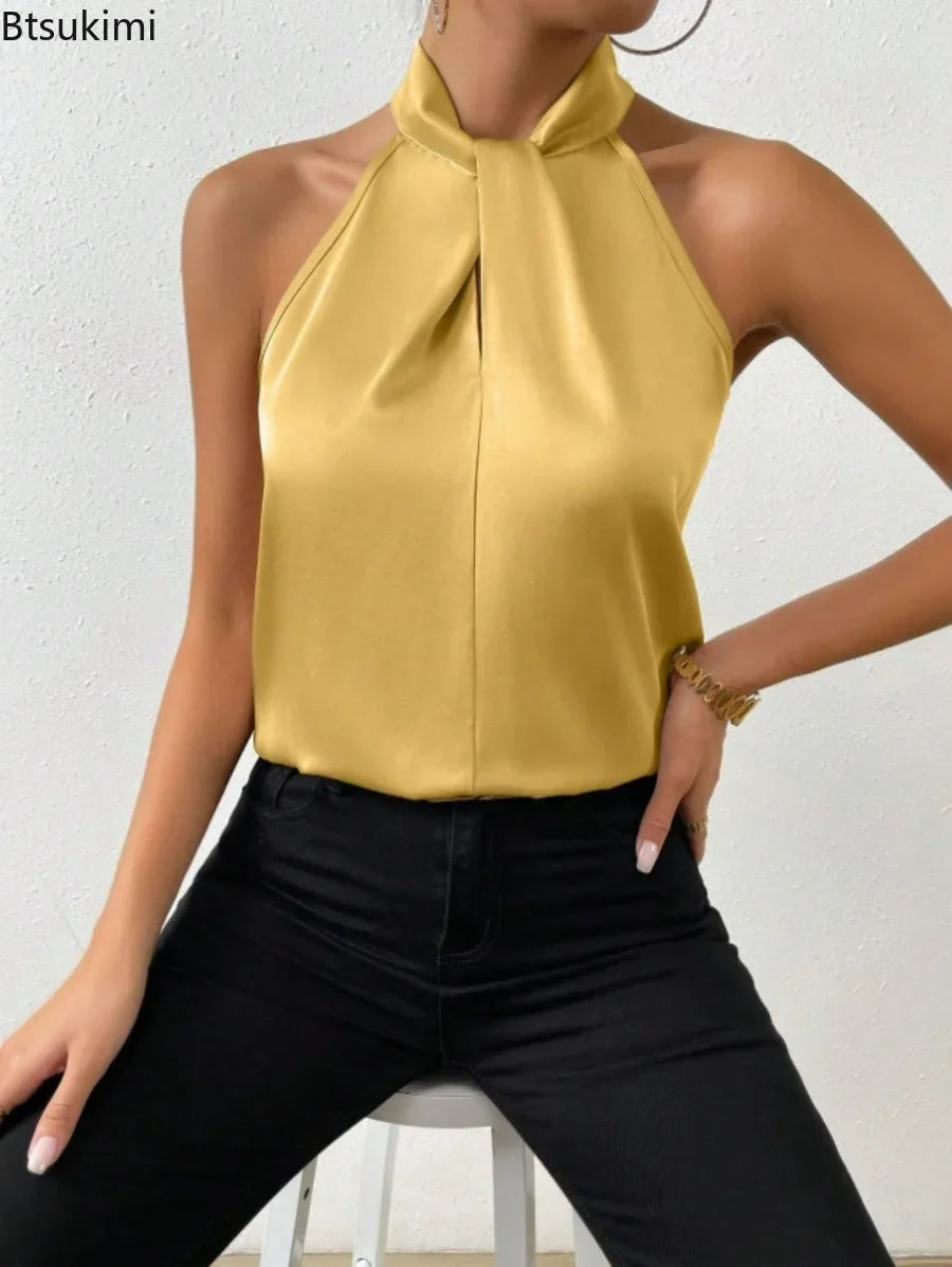 2025 Women's Tanks Top Camis Hanging Neck Strap Design Satin Gloss Loose Sleeveless Blouses Blusas Mujer Moda Black Sexy Shirt