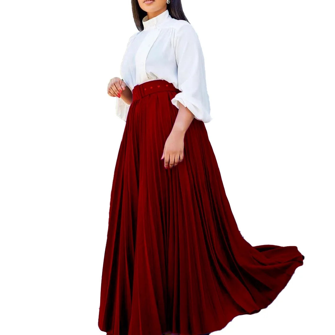 Elegant Pleated Skirts for Woman 2024 New High Waisted Belt Waisted Ankle Length Autumn Winter Wear Bottoms Skirts Clothes Hot